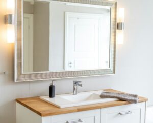 Horizontal shot of a bathroom mirror and a sink at a nicely designed bathroom